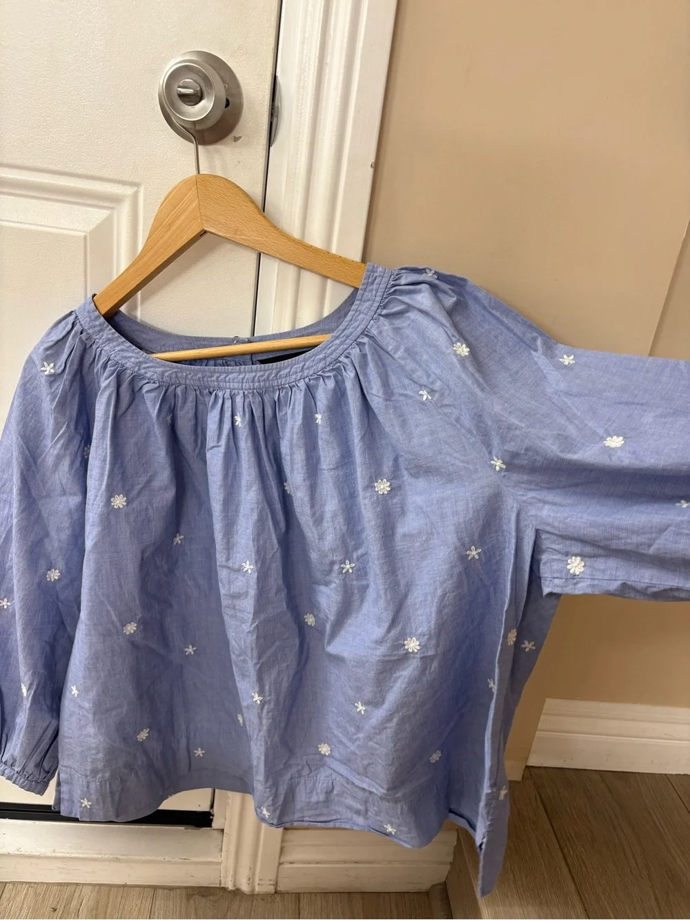 J.Crew XL Blue Embroidered Cotton Peasant Blouse Puff Sleeve Boho Cottage Top